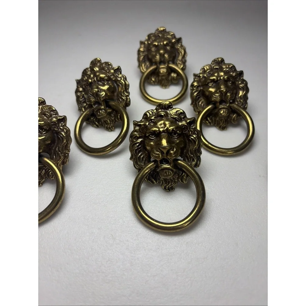 Set of 6 Solid Brass Lion Head Drawer Pulls Ring Handles Cabinet Hardware VNTG